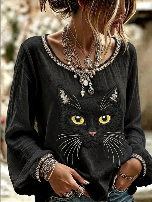 Damen-Top im Vintage-Stil mit schwarzer Katzen-Gesichts-Optik, aus Leinen, Rundhalsausschnitt