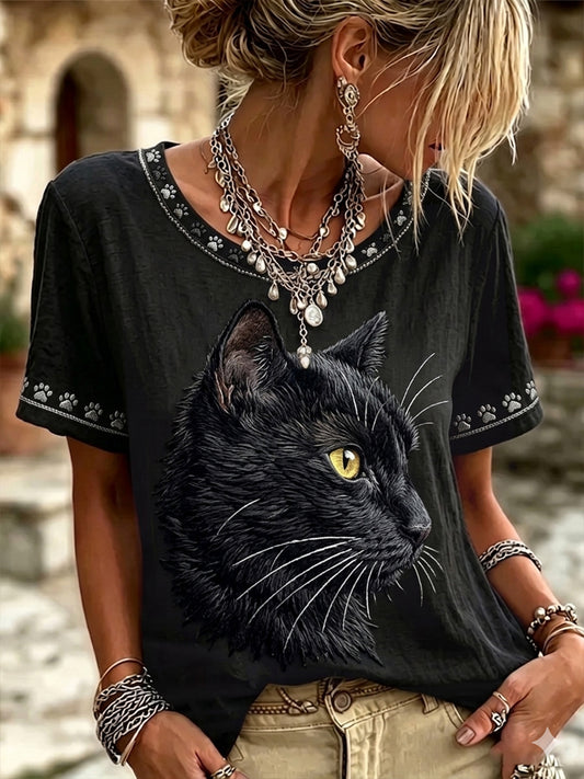 Damen-Top im Vintage-Stil mit schwarzer Katzen-Gesichts-Optik, aus Leinen, Rundhalsausschnitt, kurze Ärmel