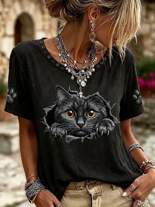 Damen-Top im Vintage-Stil mit schwarzer Katzen-Gesichts-Optik, aus Leinen, Rundhalsausschnitt, kurze Ärmel