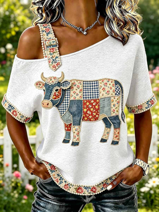 Damenmode T-Shirt mit Tier- und Blumen-Patchwork-Print