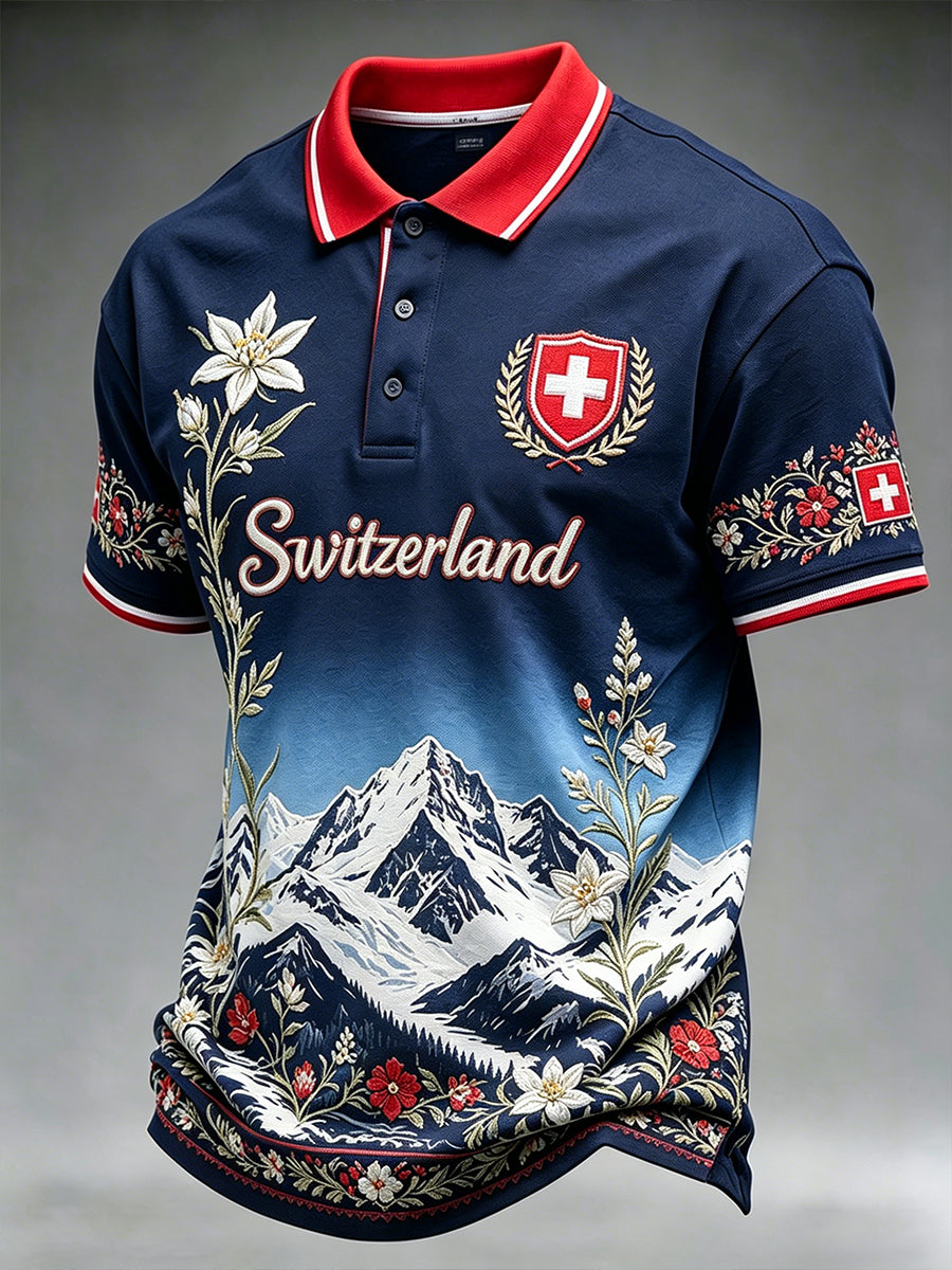 Herren-Poloshirt mit kurzen Ärmeln und Berg- sowie Blumenmuster
