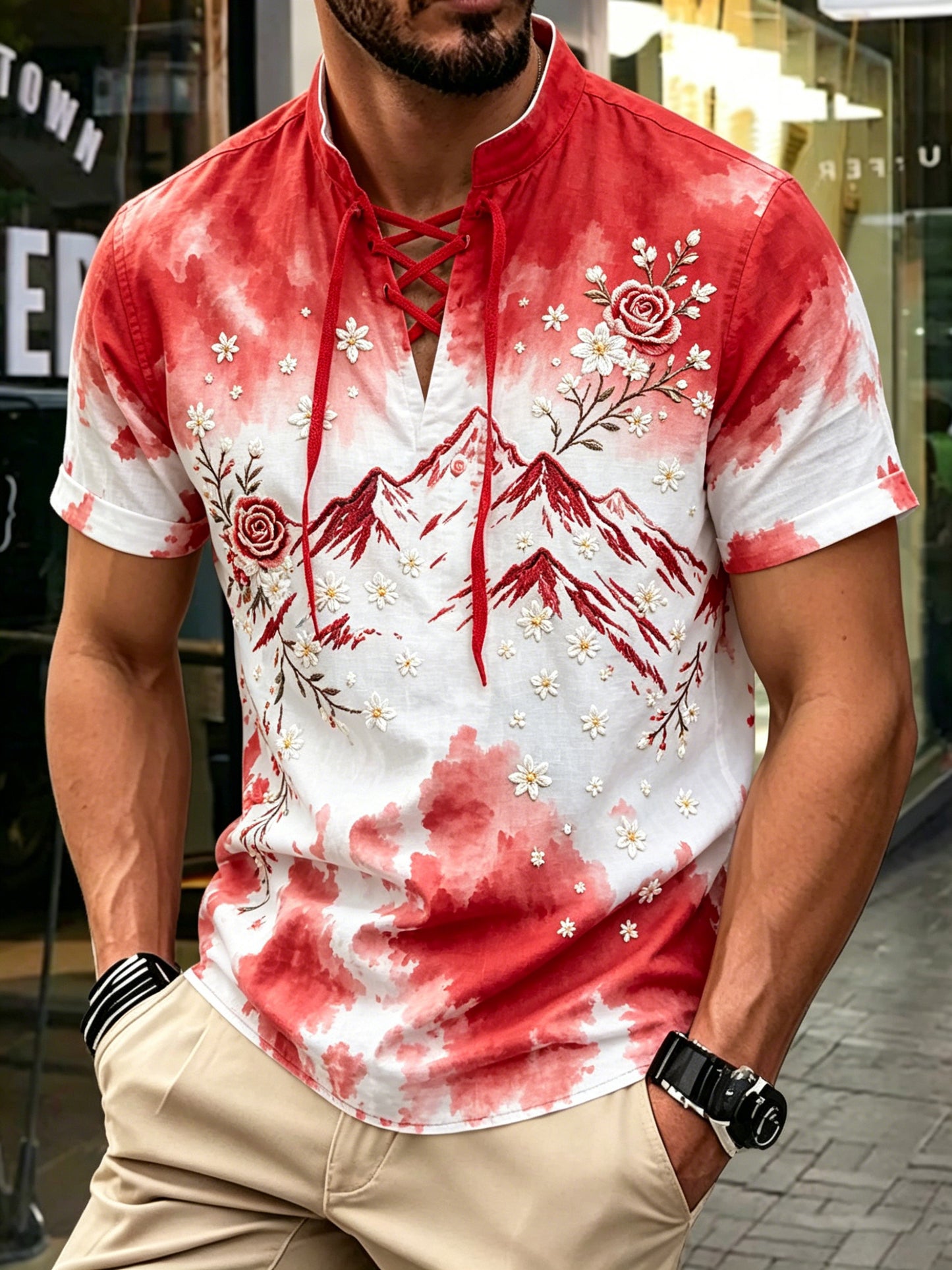 Herren-T-Shirt mit Kunstprint im Schweizer Flaggenfarbschema und Bergmotiv
