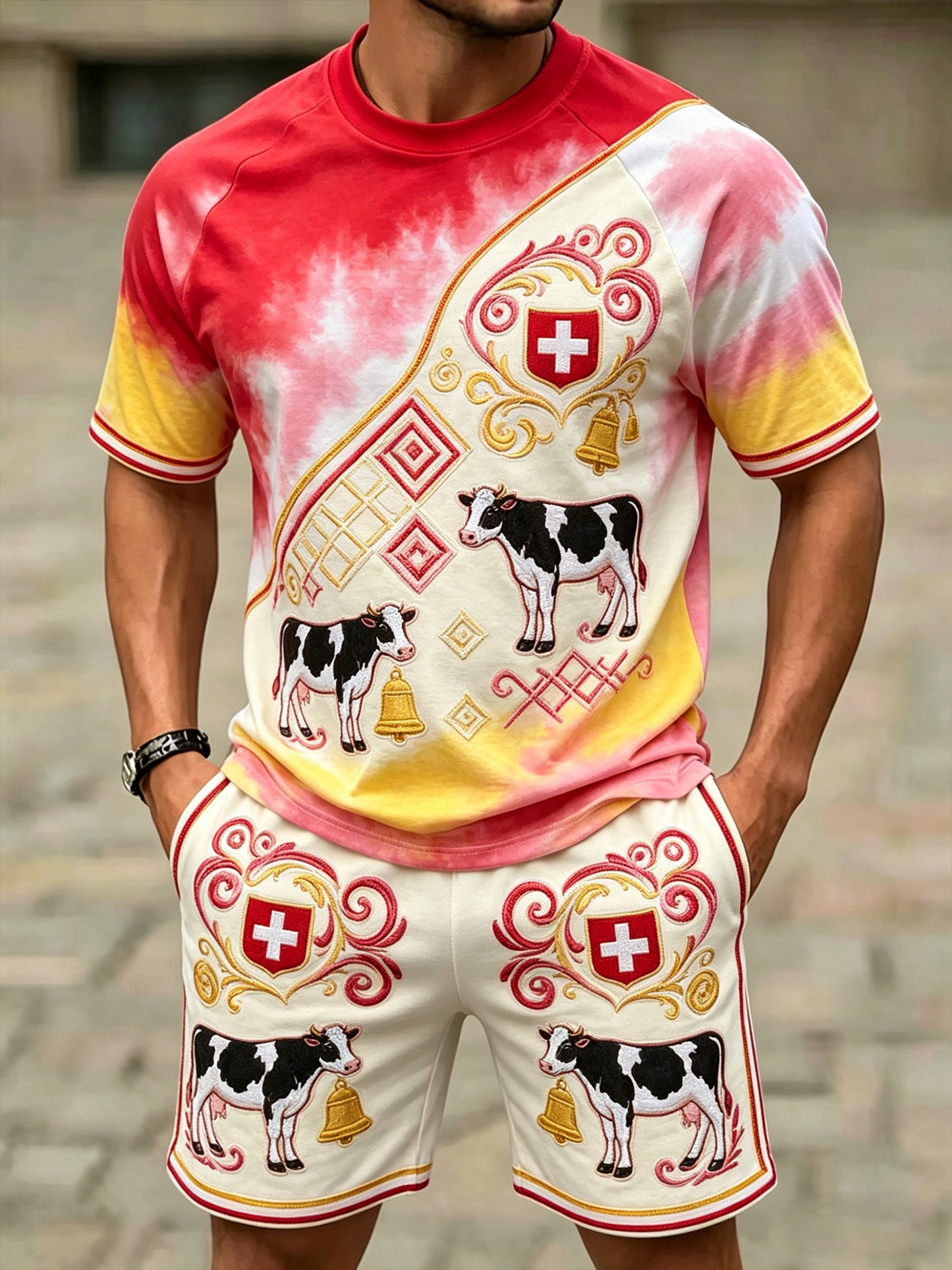 Herren-Anzug mit Bergmotiv und Schweizer Flaggenfarben, Kunstprint, Kurzarm