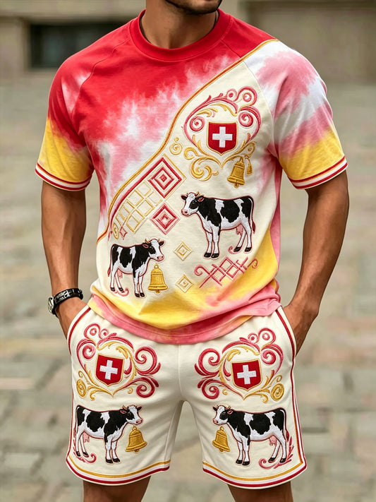 Herren-Anzug mit Bergmotiv und Schweizer Flaggenfarben, Kunstprint, Kurzarm