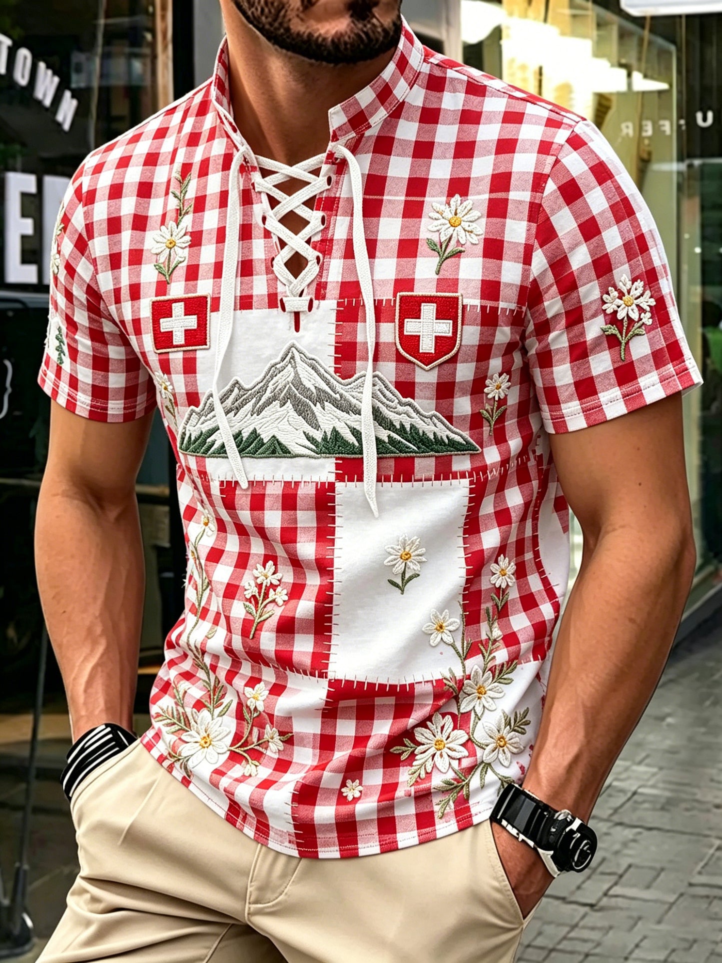 Herren-T-Shirt mit Kunstprint im Schweizer Flaggenfarbschema und Bergmotiv