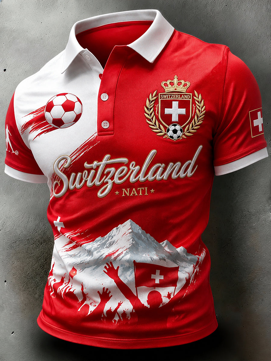 Herren-Poloshirt mit kurzen Ärmeln und Fußballmotiv