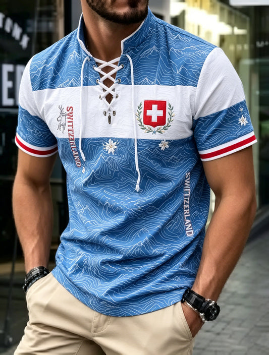 Herren-T-Shirt mit Kunstprint im Schweizer Flaggenfarbschema und Bergmotiv
