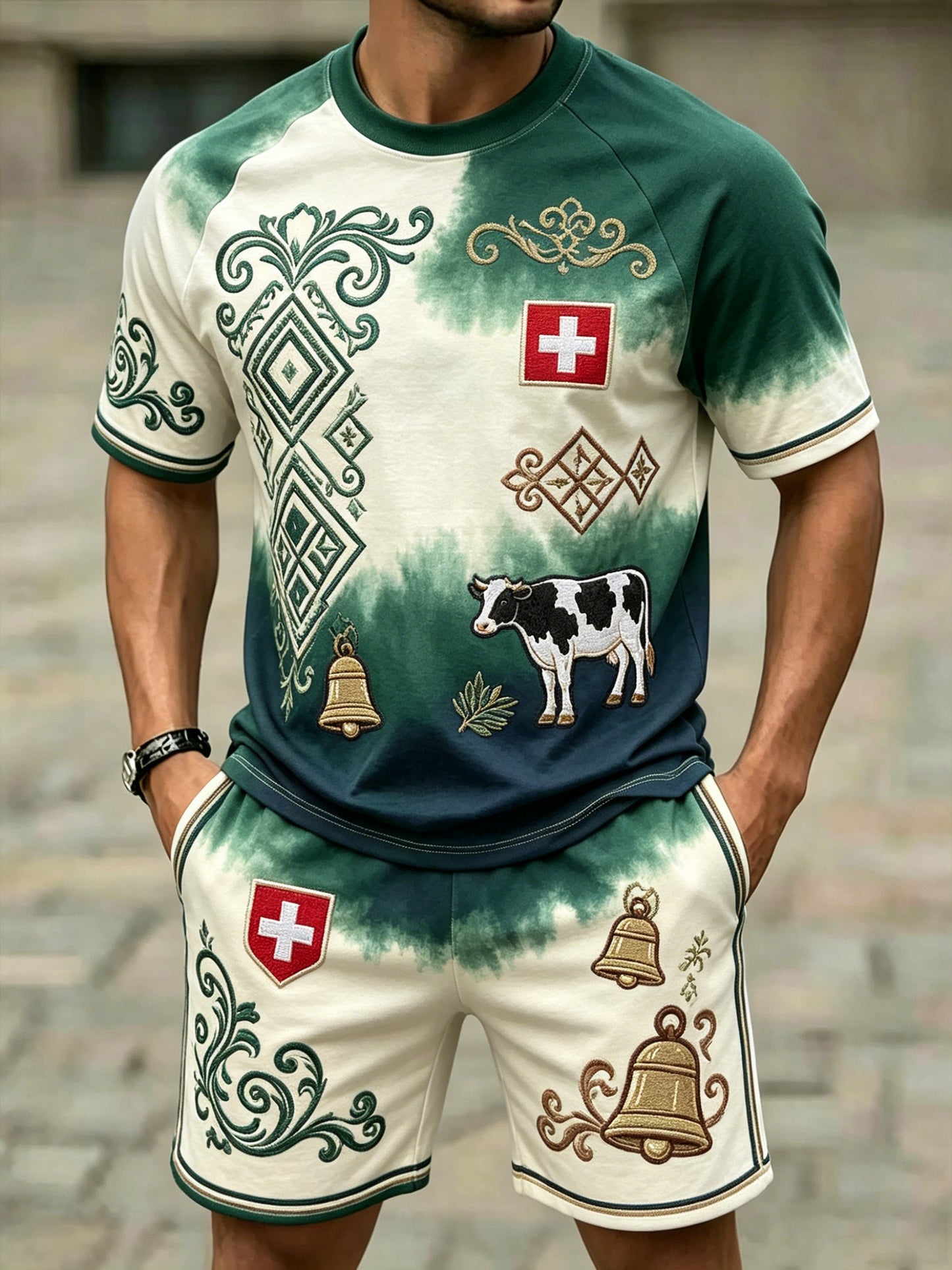 Herren-Anzug mit Bergmotiv und Schweizer Flaggenfarben, Kunstprint, Kurzarm