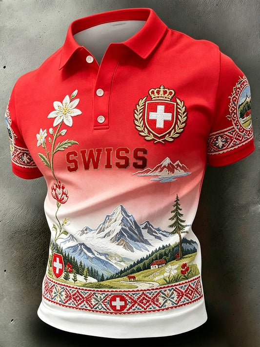 Herren-Retro-Poloshirt mit Landschaftsdruck, lässig