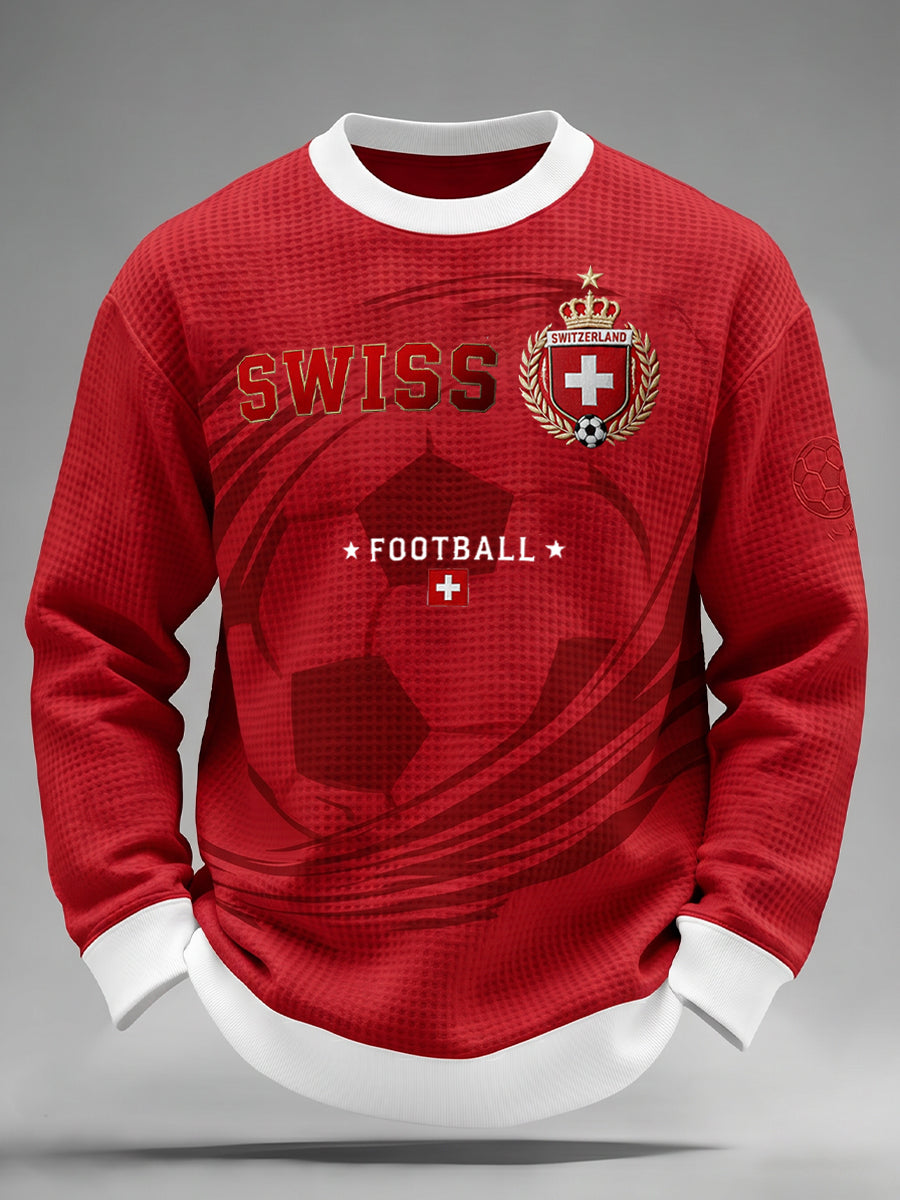 Herren-Top mit langen Ärmeln, Waffelstrickmuster und Football-Motiv-Print
