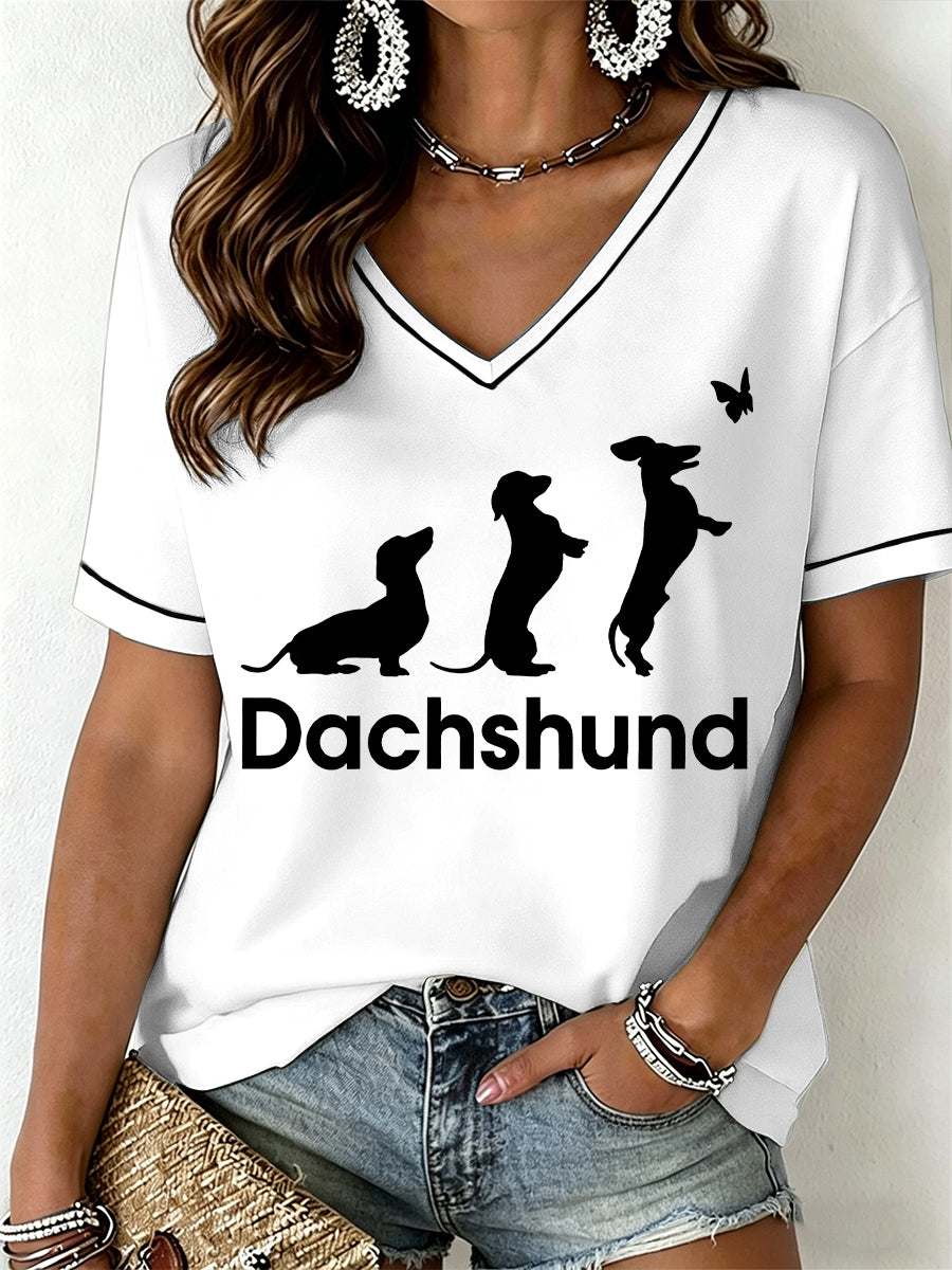 Damen Dackel Print V-Ausschnitt T-Shirt