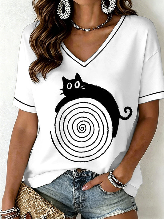 Frauen-lustiges Katzen-V-Ausschnitt-T-Shirt