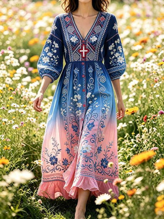 Damenlange Bluse mit Bergmotiv und Schweizer Flaggenfarben-Druck