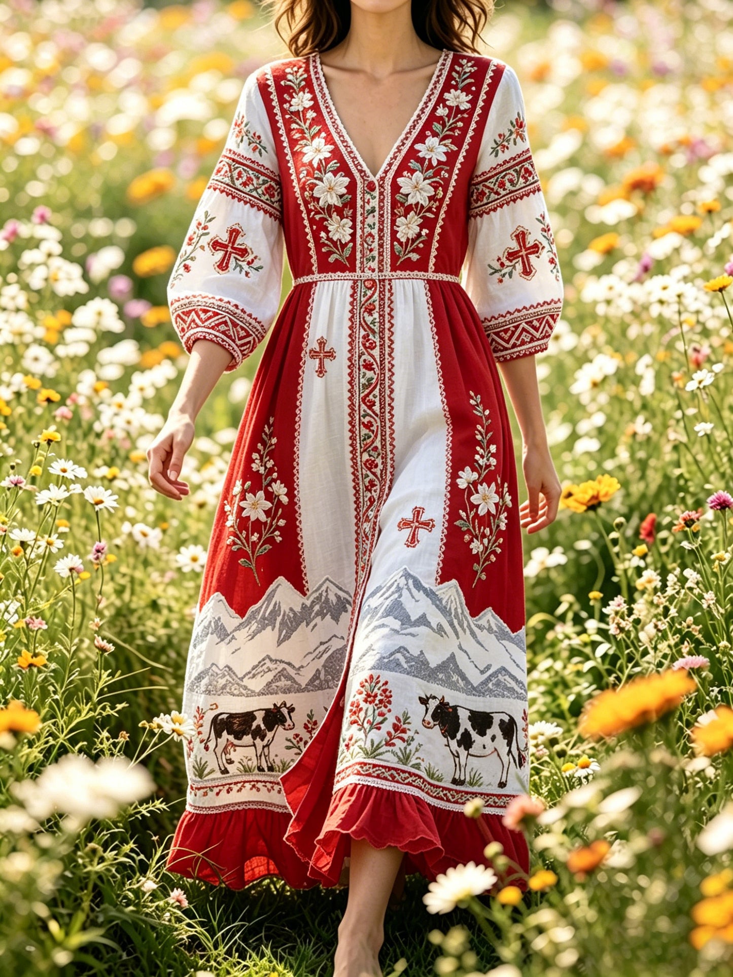 Damenlange Bluse mit Bergmotiv und Schweizer Flaggenfarben-Druck