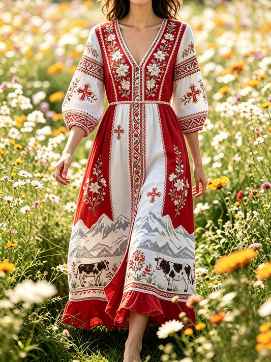 Damenlange Bluse mit Bergmotiv und Schweizer Flaggenfarben-Druck