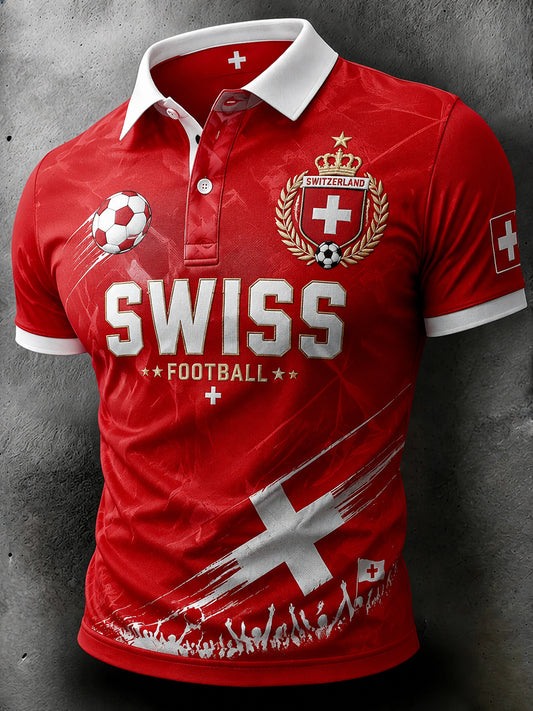 Herren-Poloshirt aus Waffelstrick mit kurzen Ärmeln und Fußballmotiv-Print