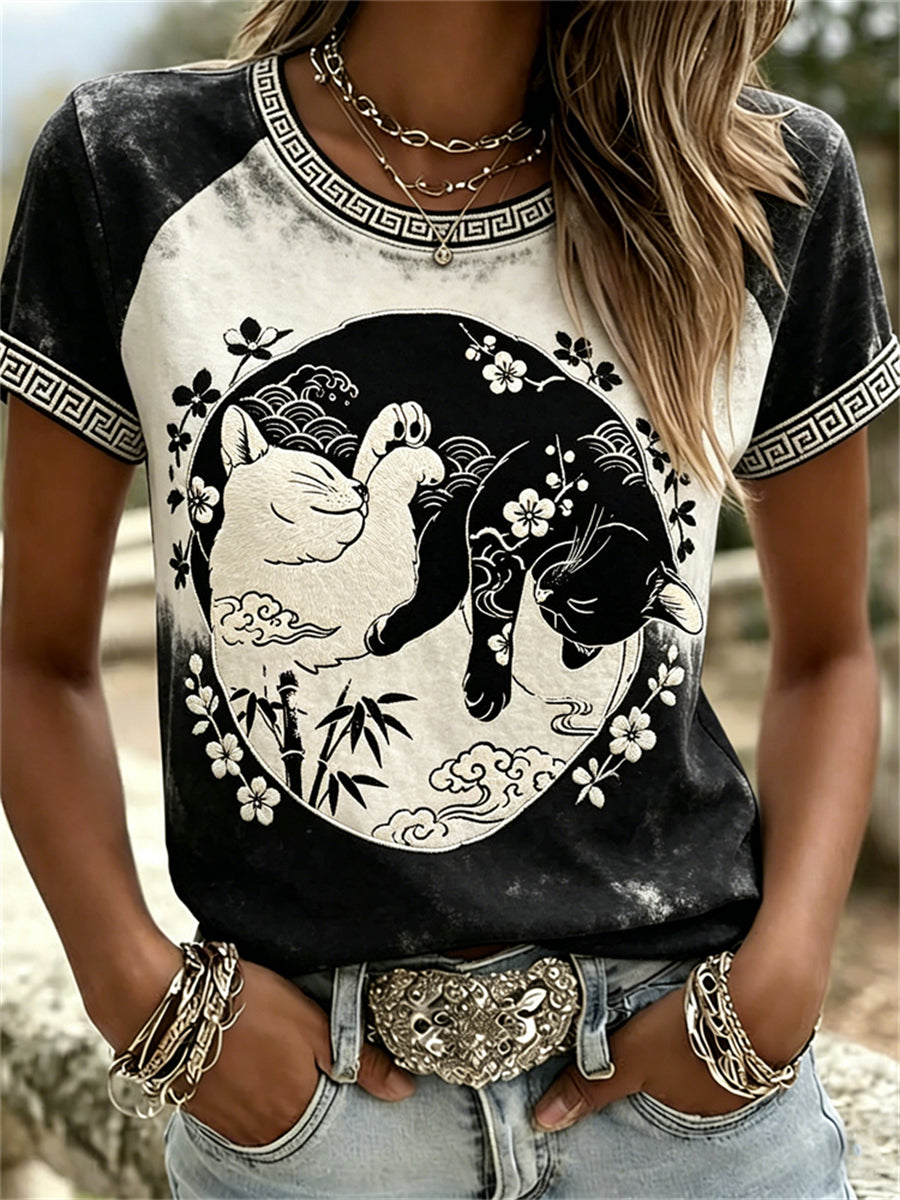 Frauen Schwarz-Weiß-Katzen Kirschblüte Japanische Lino Print T-Shirts