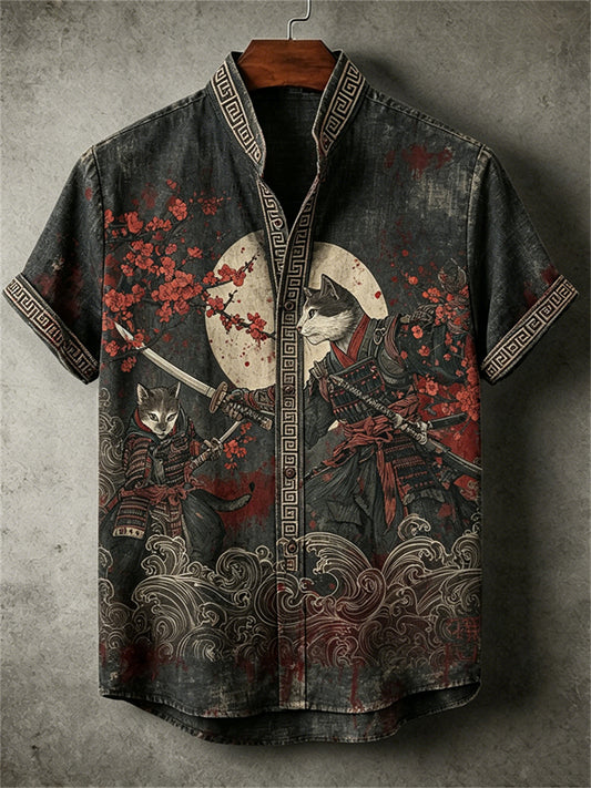 Herren Katze Samurai Duell Vollmond Blutiger japanischer Kunstdruck-Shirt