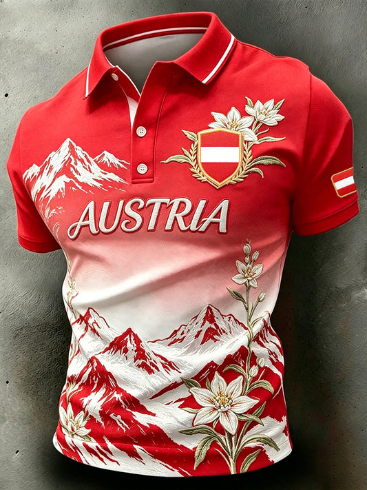 Herren-Polo mit kurzen Ärmeln und Landschaftsdruck, lässig