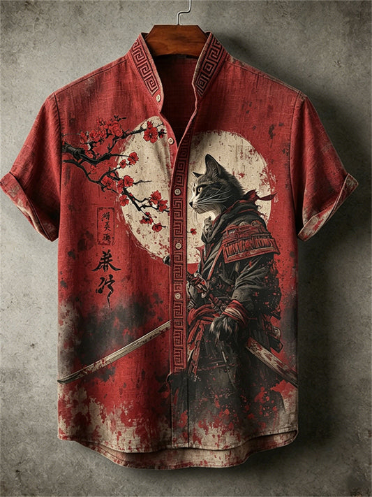 Herrenhemd mit japanischem Blutkatzen-Samurai- und Pflaumenblüten-Print