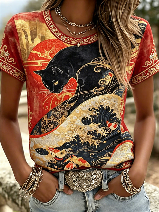 Frauen schwarze Katze & Seewellen Japanische Kunstdruck T-Shirts