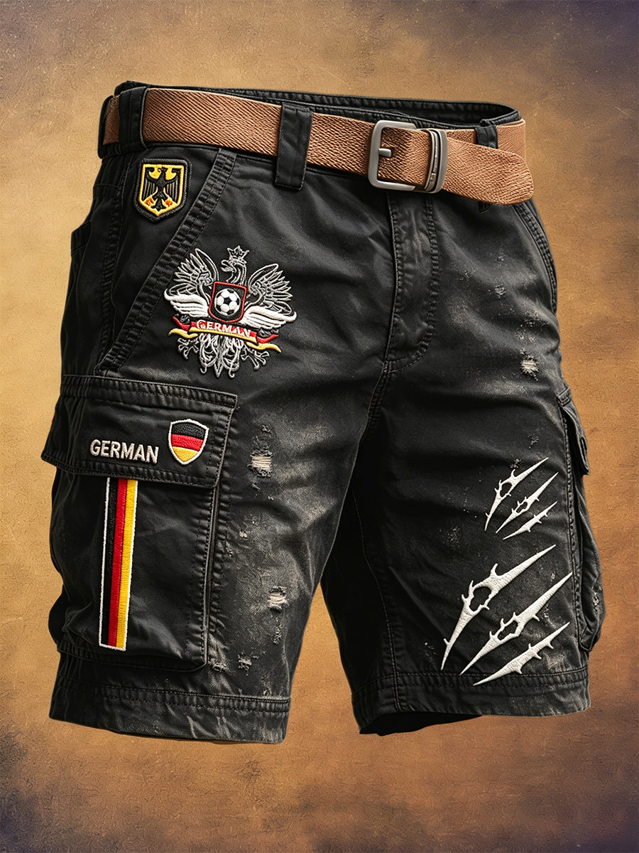 Herren Schwarz Deutsches Fußball-Adler-Print Freizeitmode Arbeits-Shorts