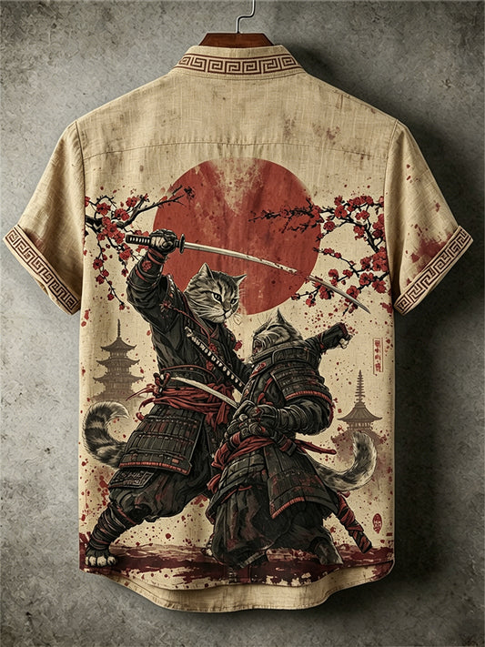 Herren-Shirt mit Katzen-Samurai-Duell, alter japanischer Kunstdruck