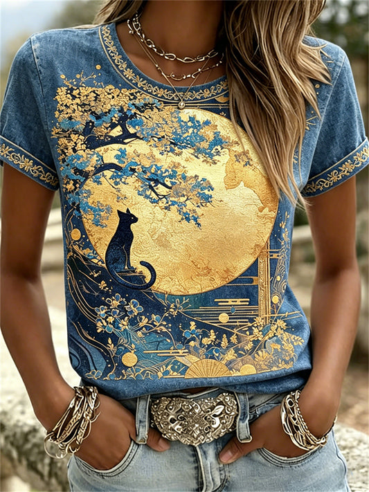 Damen Katze & Gold Vollmond Japanische Blumen kunst Druck T-Shirts