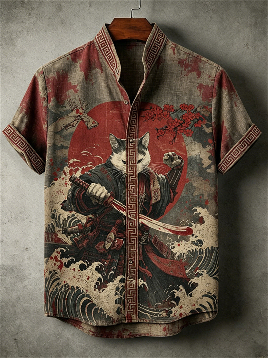 Herren-Shirt mit blutigem Katzen-Samurai- und Meereswellen-Motiv im japanischen Stil
