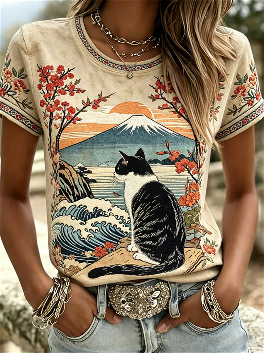 Frauen Katze & japanische Landschaft Kunst Druck T-Shirts