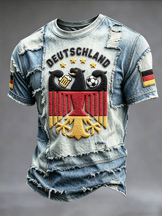 Herren-Fußball-T-Shirt aus Denim im Patchwork-Style, lässige Freizeitmode