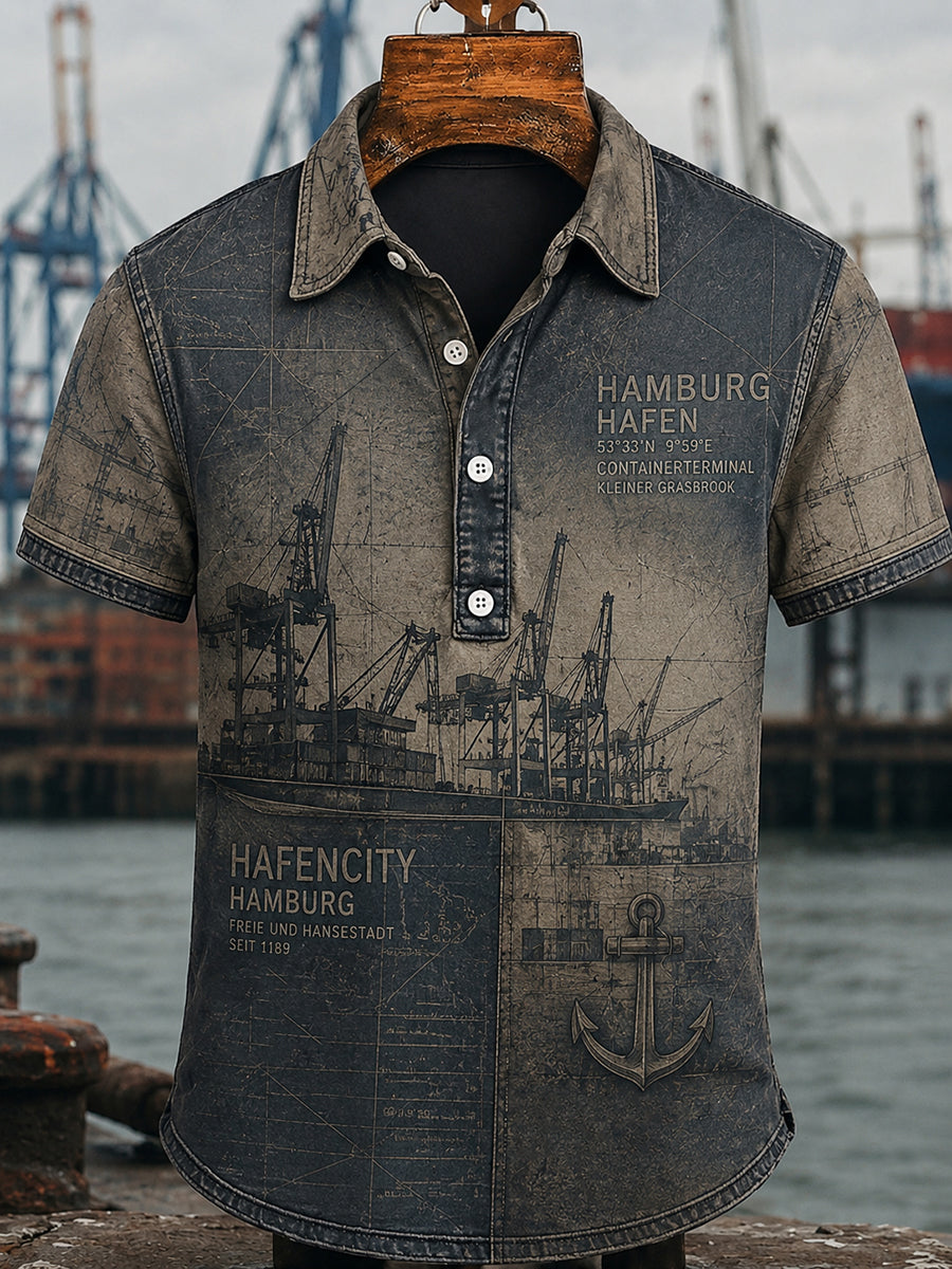 Herren Retro Hamburg Hafen Print Freizeit hemd
