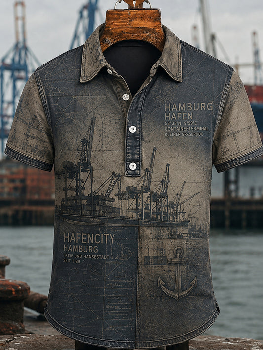 Herren Retro Hamburg Hafen Print Freizeit hemd