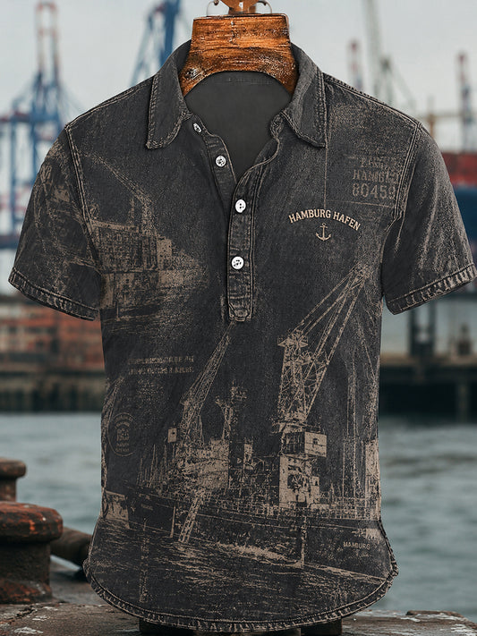 Herren-Lässiges Hemd im Retro-Stil mit Hafenmotiv aus Hamburg