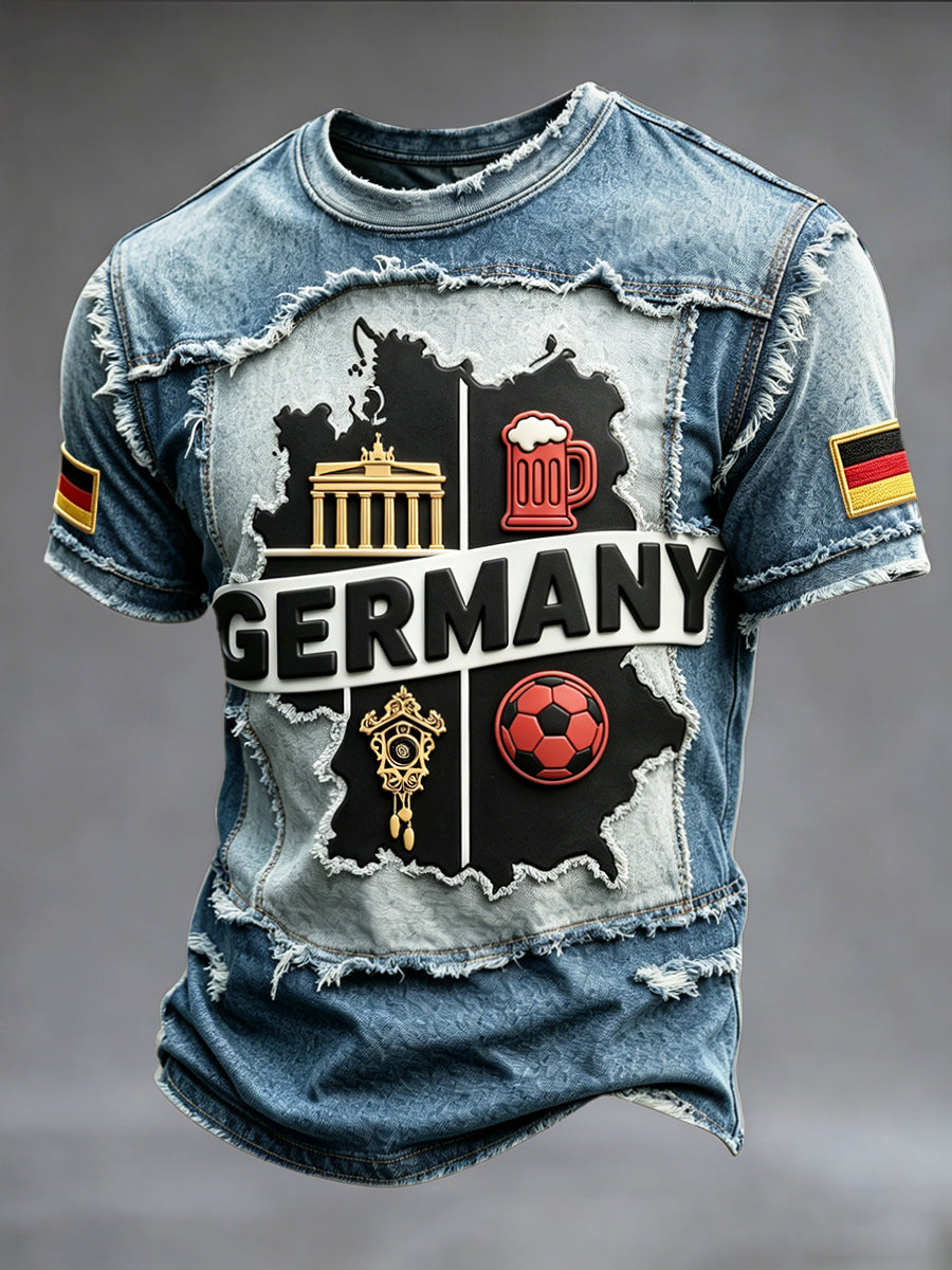 Herren-Vintage-Denim-Patchwork-Casual-T-Shirt mit deutschem Fußballmotiv