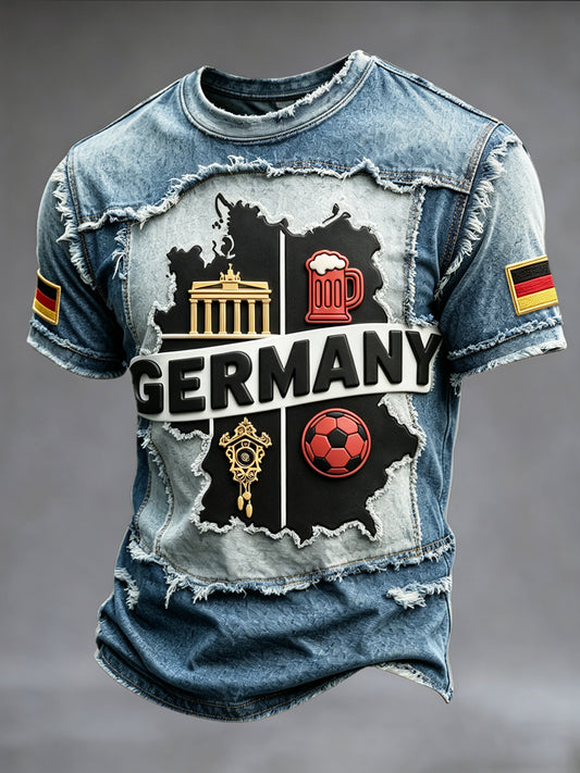Herren-Vintage-Denim-Patchwork-Casual-T-Shirt mit deutschem Fußballmotiv