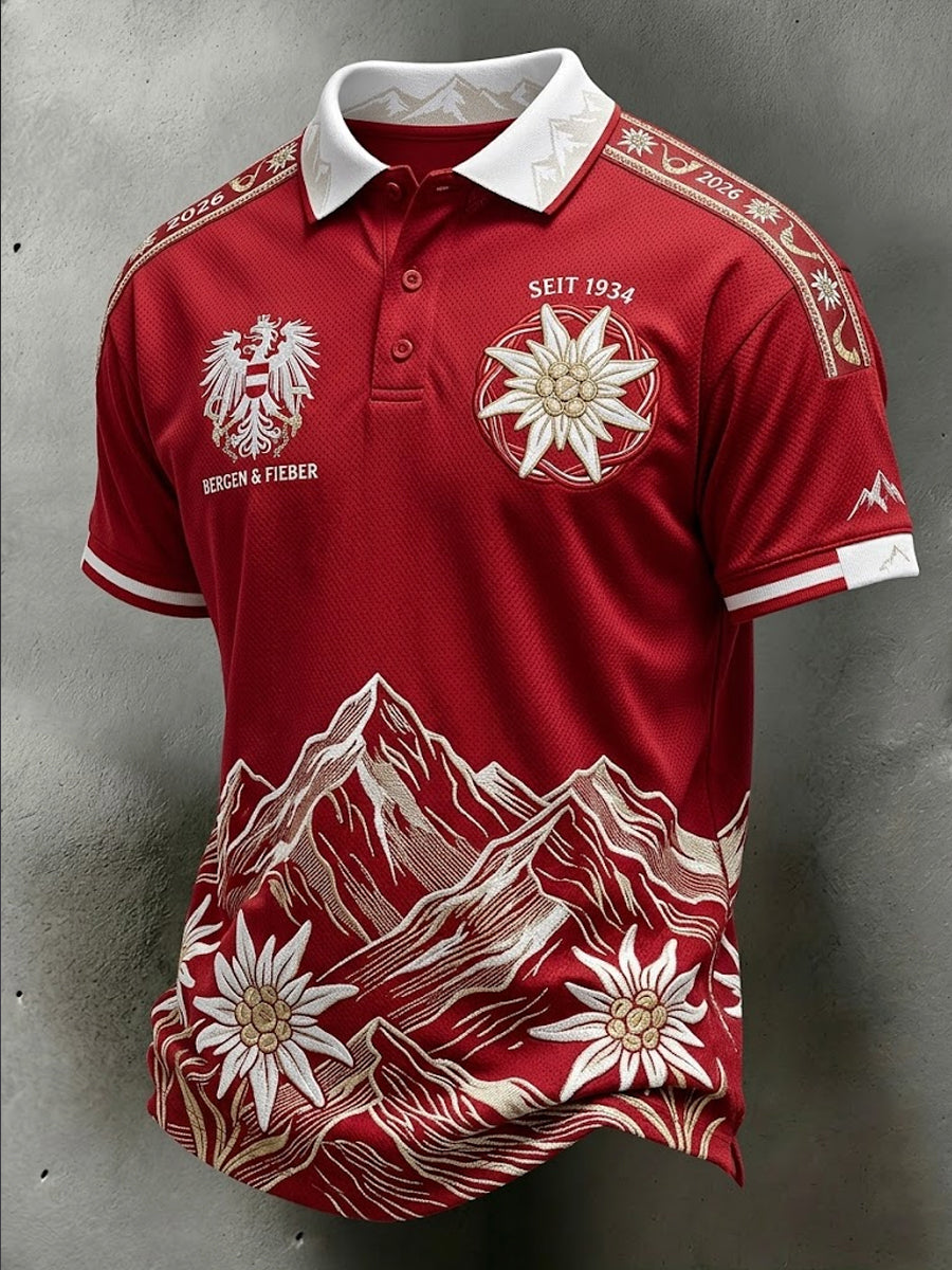 Retro-Österreich-Fußball-Polo-Shirt 2026 im Casual-Stil mit Schneeberg-Design