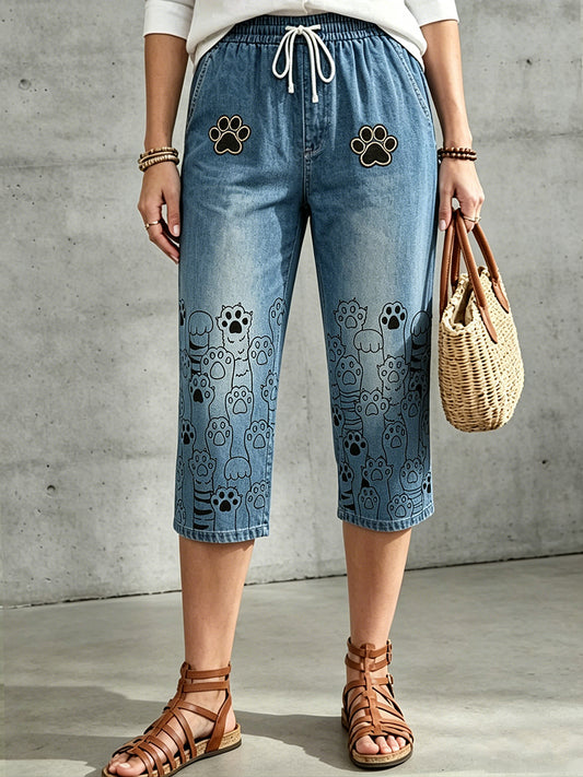 Damen-Hose mit mittlerer Leibhöhe, Blumen- und Tiermotiven sowie Kordelzug