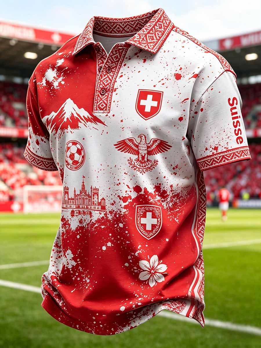Herren-Poloshirt im Stil der Schweizer Fussballliga, mit Kunstdruck, lässig geschnitten