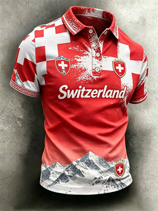 Herren-Poloshirt im Stil der Schweizer Fussballliga, mit Kunstdruck, lässig geschnitten