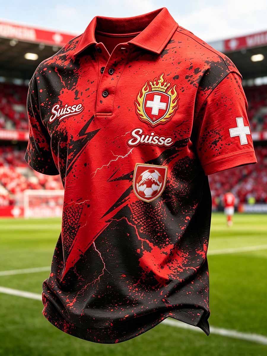 Herren-Poloshirt im Stil der Schweizer Fussballliga, mit Kunstdruck, lässig geschnitten