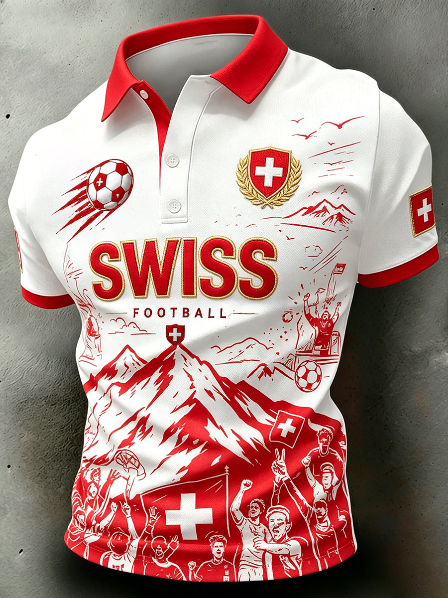 Herren-Poloshirt im Retro-Stil mit kurzen Ärmeln und kunstvollem Fußball-Print