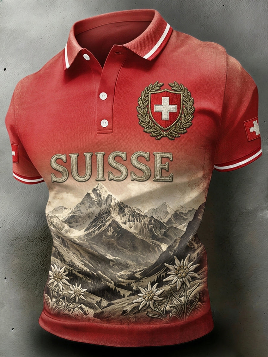 Herren-Poloshirt mit kurzen Ärmeln und Landschafts- sowie Blumenmuster