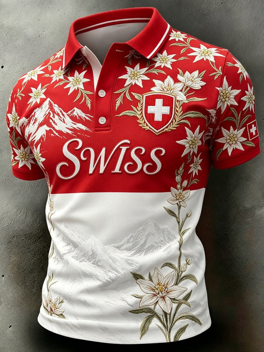 Herren-Retro-Poloshirt mit Schweizer Fußball-Fan‑Art-Print für den Alltag