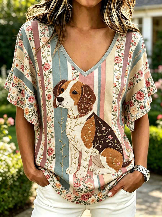 Damenmode Lässiges T-Shirt mit Hunde-Print