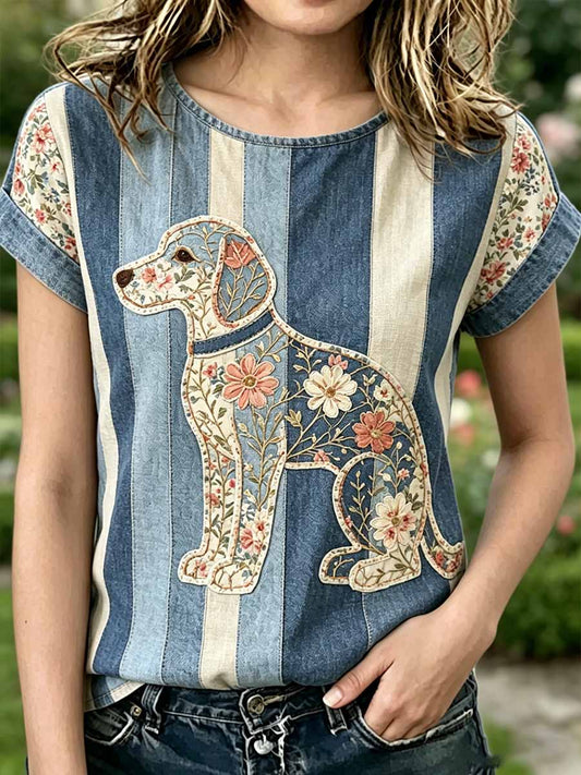 Damenmode Lässiges T-Shirt mit Hunde-Print