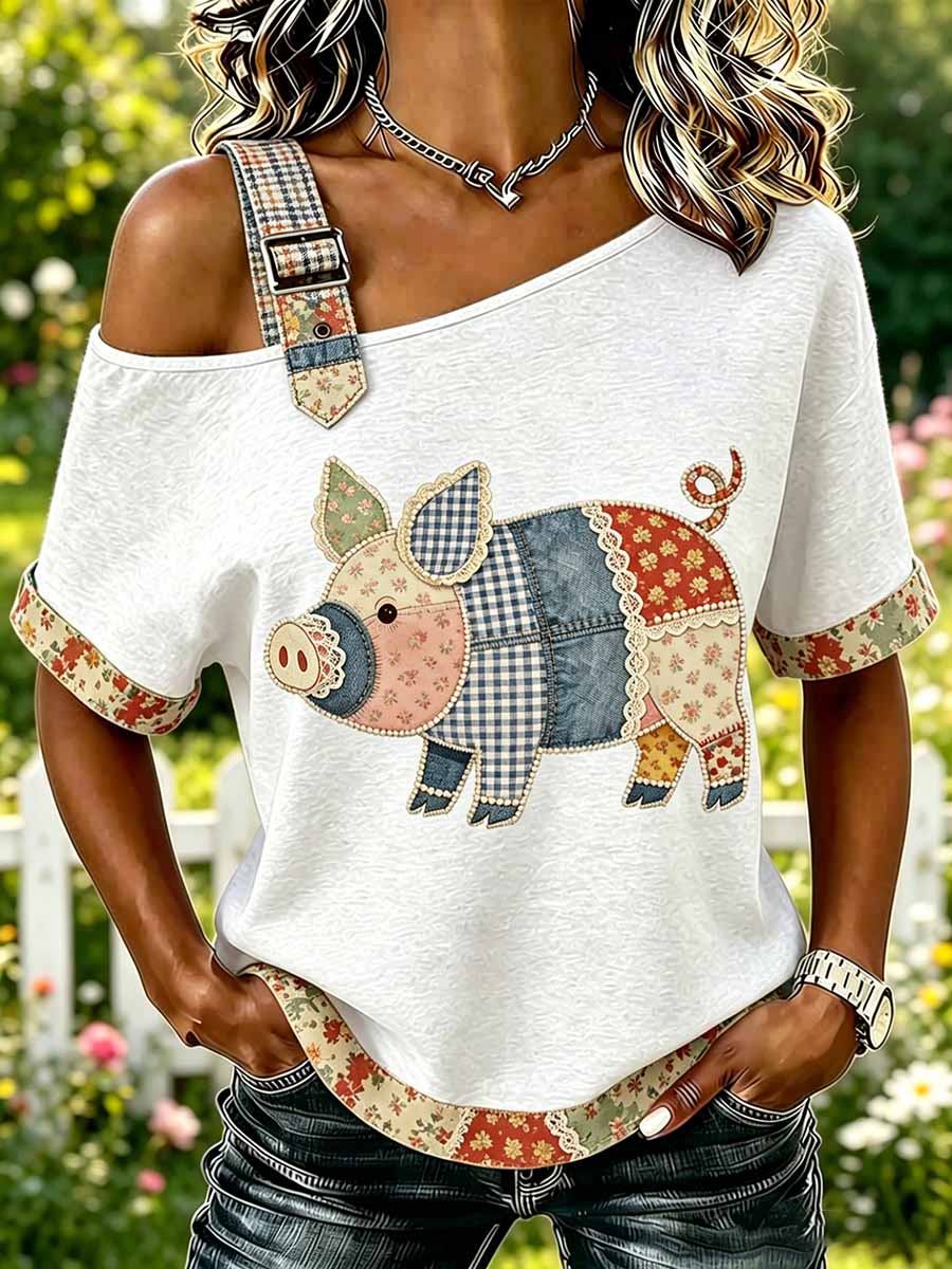 Frauen Mode Casual Schwein Muster Print T-Shirt