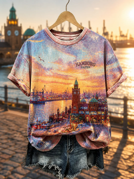 Frauen-Hamburg-Hafen-Kunstdruck-Lässiges T-Shirt