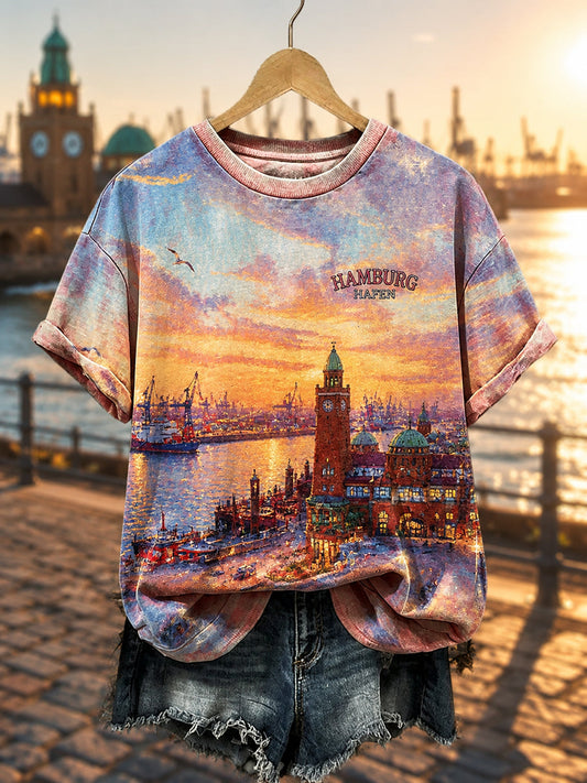 Frauen-Hamburg-Hafen-Kunstdruck-Lässiges T-Shirt