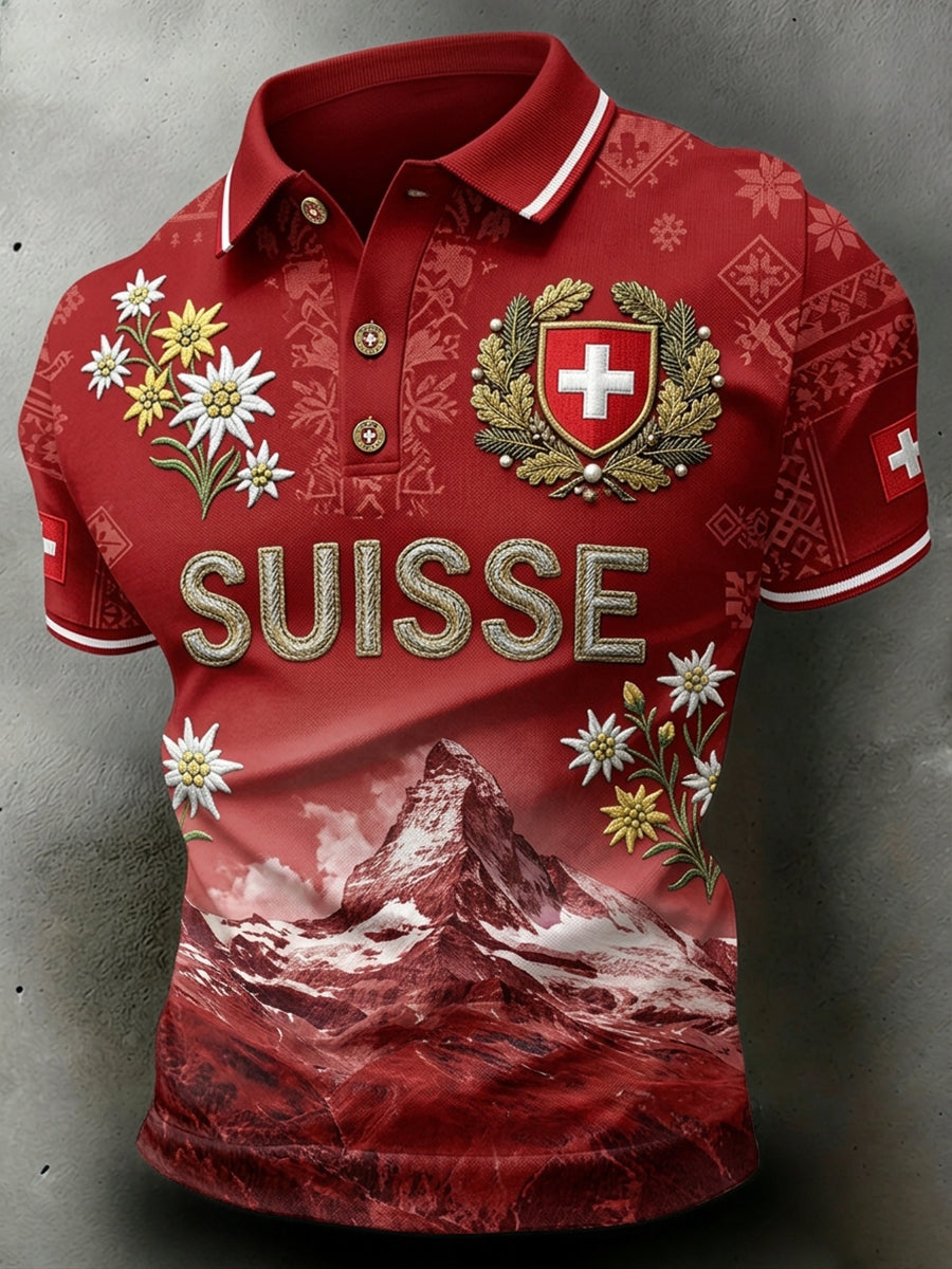 Herren-Poloshirt mit kurzen Ärmeln und Landschafts- sowie Blumenmuster